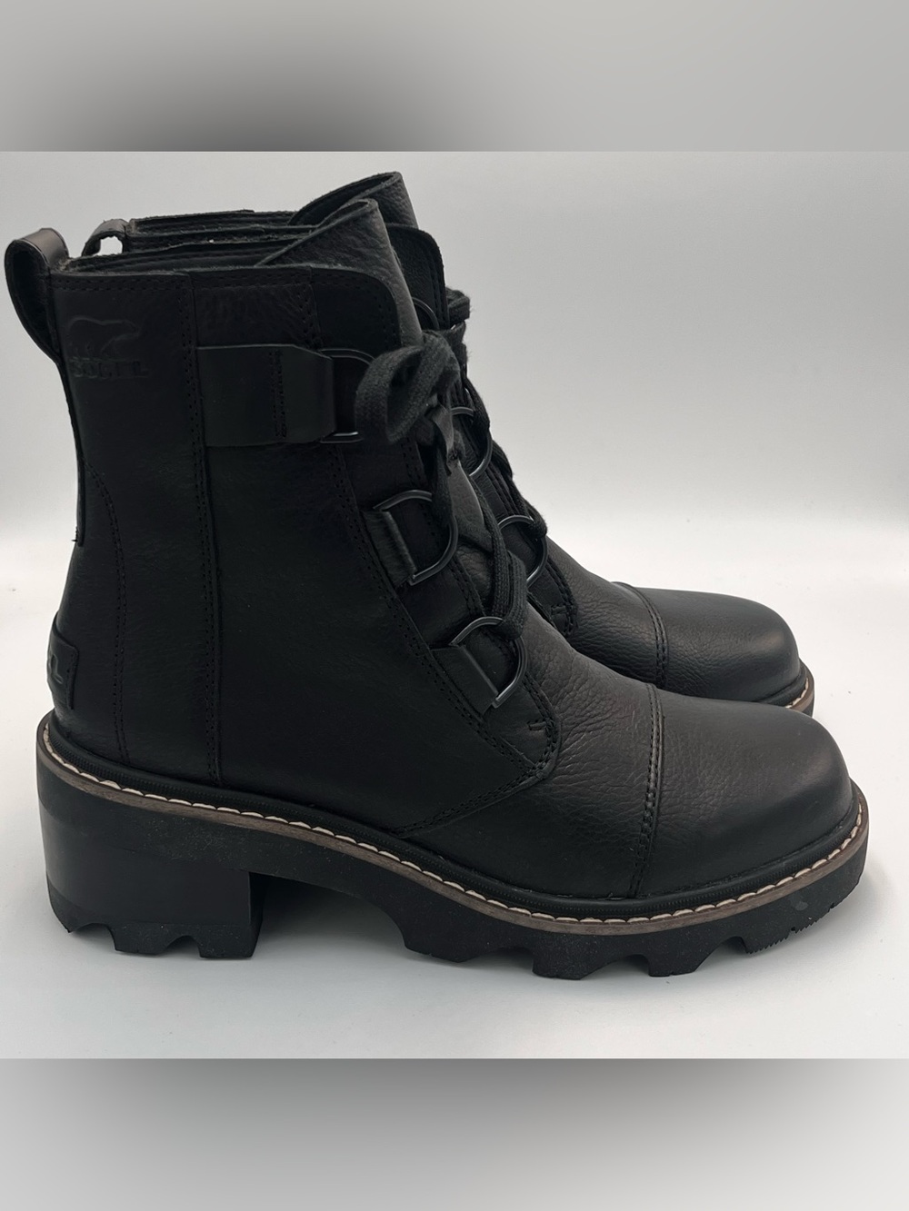 SOREL Joan Waterproof Leather Lace-Up Combat Boots Women’s 9.5 Black